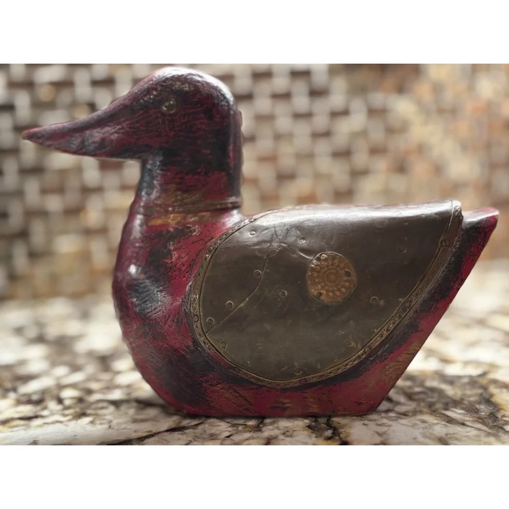 Vintage DUCK Hand Carved Wooden Copper figurine 5 1/2 H 8' L